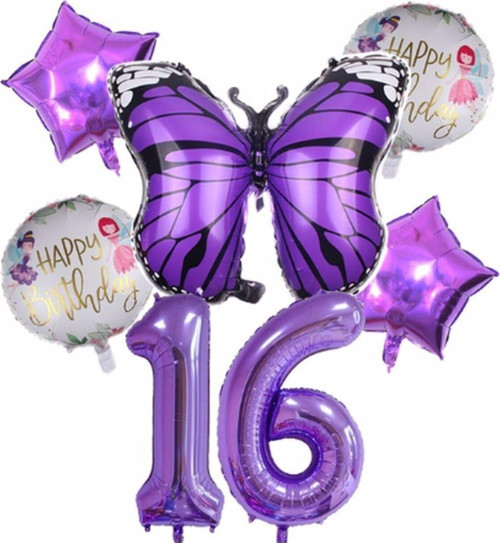 Mor Kelebek Mor Renk 16 Yaş Rakam Balon Set Doğum Günü Parti Mor Renk Helyum Balon Mor Rakam Balon
