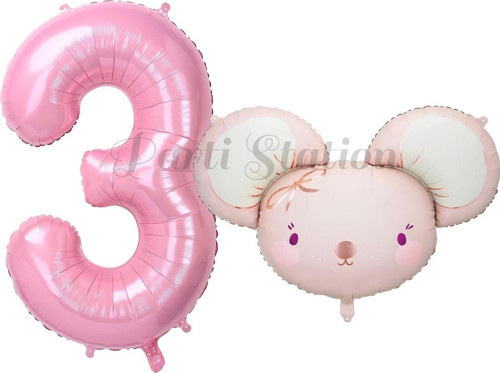Pink Mouse 1 Yaş Balon Set Sevimli Pembe Fare Konsept Balon Ve Pembe Rakam Balon Hamster Balon