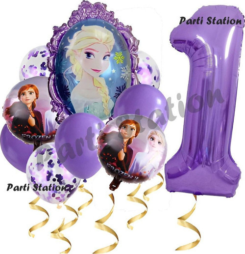 Frozen Balon 1 Yaş Doğum Günü Set Frozen Elsa Karlar Ülkesi Konsept Balon Ve Mor Rakam Balon