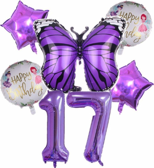 Mor Kelebek Mor Renk 17 Yaş Rakam Balon Set Doğum Günü Parti Mor Renk Helyum Balon Mor Rakam Balon