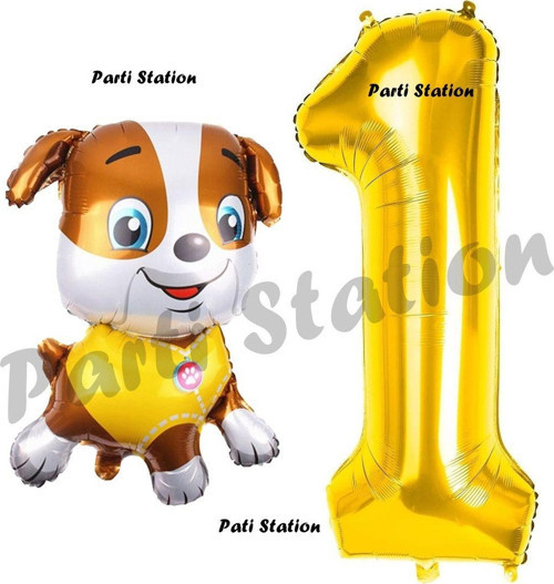 Paw Patrol İnşaat Köpek Rubble 1 Yaş Balon Ve Gold Rakam Balon Doğum Günü Parti Set