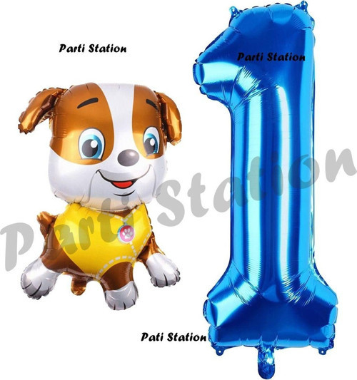 Paw Patrol İnşaat Köpek Rubble 1 Yaş Balon Ve Lacivert Rakam Balon Doğum Günü Parti Set