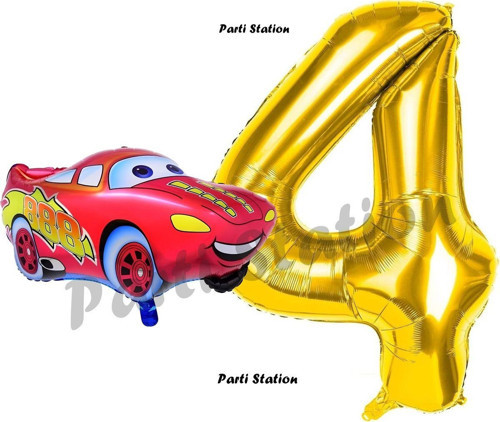 Cars Arabalar Balon Konsept 4 Yaş Balon Set Şimşek Mcqueen Balon Ve Gold Rakam Balon Doğum Günü Set