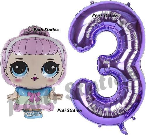 Prenses Lol Bebek 3 Yaş Balon Ve Mor Rakam Balon Doğum Günü Parti Set