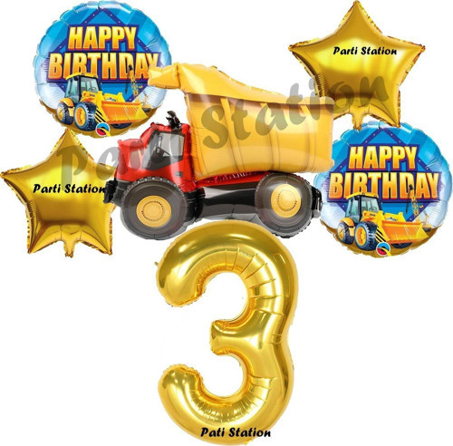 İnşaat Konsept 3 Yaş Doğum Günü Balon Set Kamyon Balon Ve Gold Rakam Balon Doğum Günü Parti Set