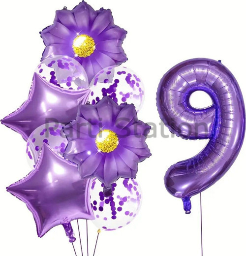 Mor Papatya 9 Yaş Balon Set Mor Papatya Konsept Doğum Günü Balon Set