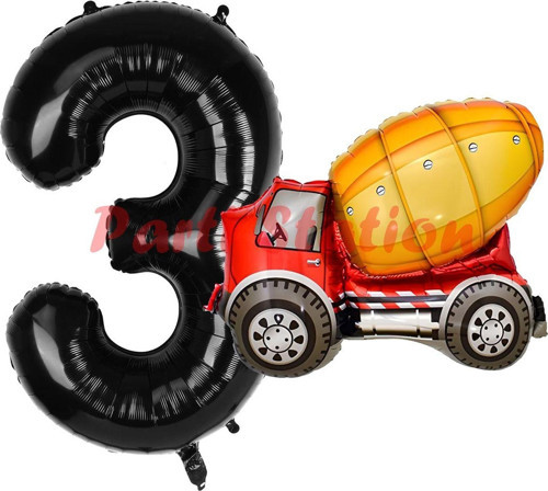 İnşaat Mikser Kamyonu Balon 3 Yaş Doğum Günü Balon Set İş Makinaları Konsept Ve Siyah Rakam Balon