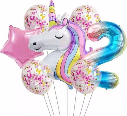 Unicorn Gökkuşağı 2 Yaş Folyo Balon Set Konsept Doğum Günü Set Yaş Balon Set