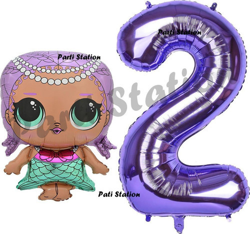 Mermaid Bebek 2 Yaş Balon Ve Mor Rakam Balon Doğum Günü Parti Set