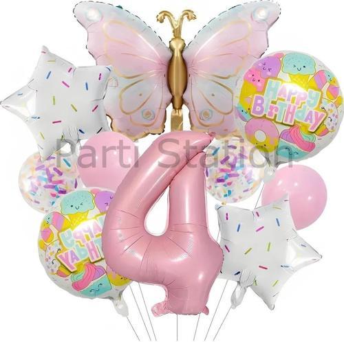 Kelebek 4 Yaş Balon Set Gökkuşağı Kelebek Konsept Doğum Günü Balon Set