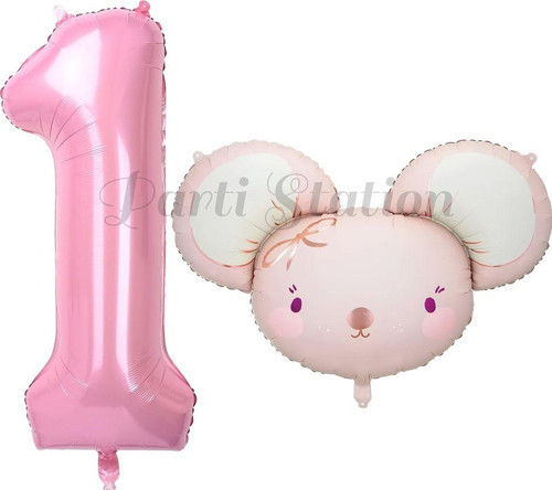 Pink Mouse 1 Yaş Balon Set Sevimli Pembe Fare Konsept Balon Ve Pembe Rakam Balon Hamster Balon