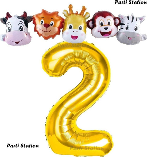Altın Renk Rakam Balonlu Safari 2 Yaş Doğum Günü Parti Balon Set Safari Hayvanlar Tema Parti
