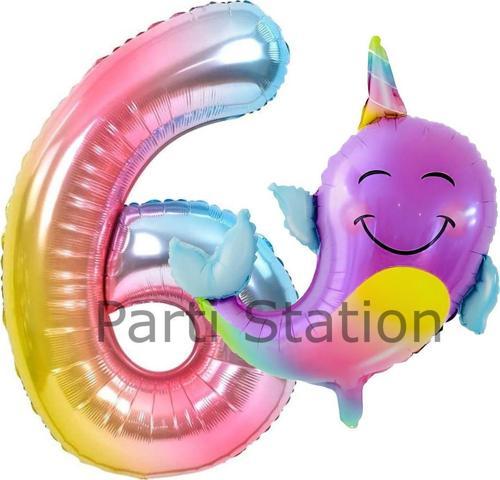 Unicorn Balina Balon 6 Yaş Set Okyanus Konsept Unicorn Yunus Balığı Ve Renkli Rakam Balon Set