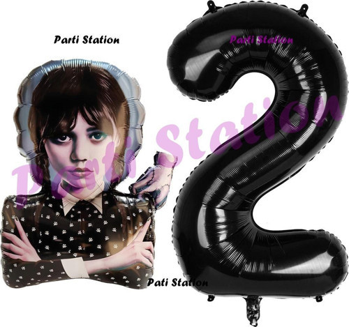 Wednesday 2 Yaş Balon Ve Siyah Rakam Balon Doğum Günü Parti Set Wednesday Addams Balon