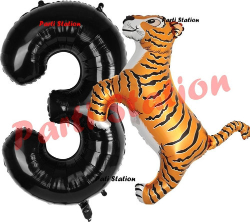 Safari Kaplan Balon 3 Yaş Balon Set Kaplan Balon Ve Siyah Rakam Balon Doğum Günü Seti