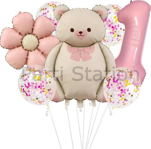 Sevimli Ayıcık 1 Yaş Balon Set Retro Pembe Ayıcık Konsept Doğum Günü Set