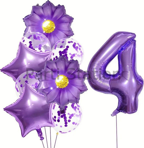 Mor Papatya 4 Yaş Balon Set Mor Papatya Konsept Doğum Günü Balon Set