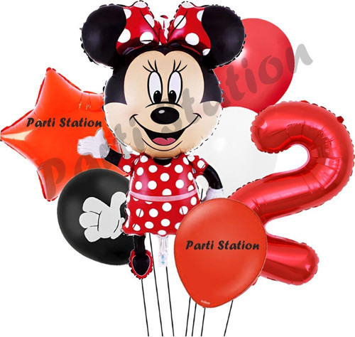 Minnie Mouse 2 Yaş Doğum Günü Set Minnie Mouse Konsept Balon Ve Kırmızı Rakam Balon
