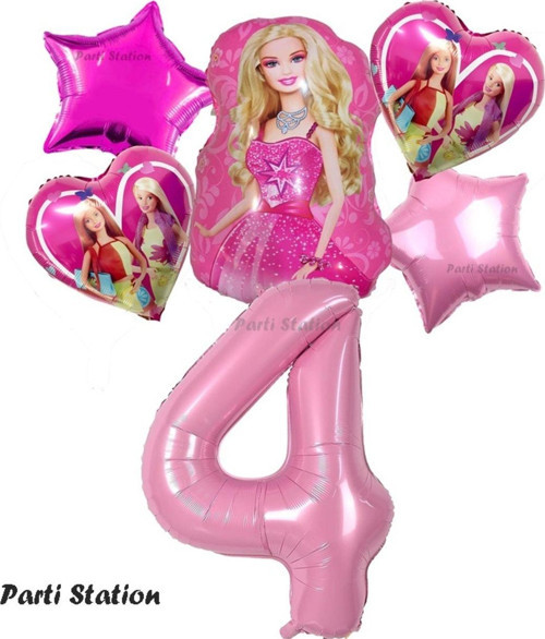 Folyo Balon Set Barbie Kalp Pembe 4 Yaş Balon Set Barbie Konsept Doğum Günü Set Yaş Balon Set