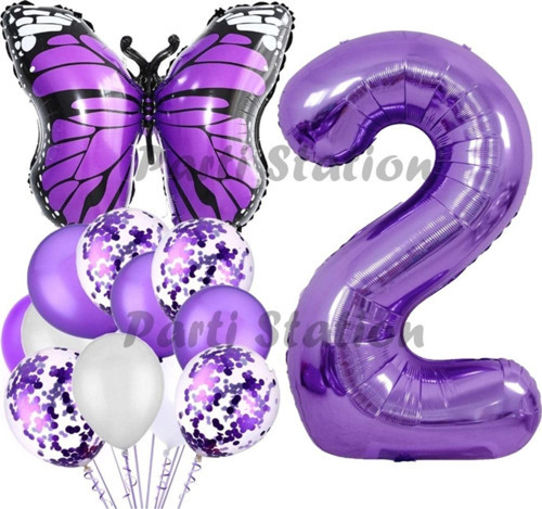 Mor Kelebek Konsept 2 Yaş Balon Set Butterfly Kelebek Mor Rakam Balon Parti Doğum Günü Balon Set