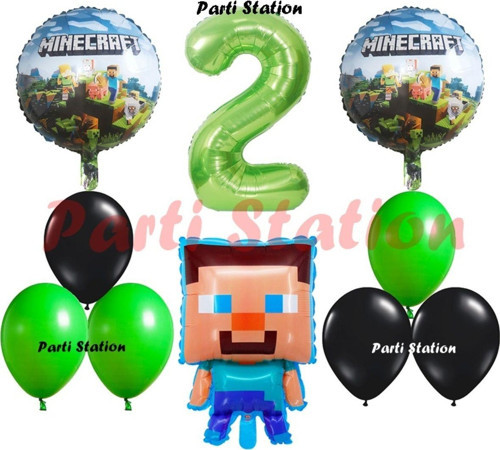 Yeşil Rakam Balonlu Minecraft Konsept Doğum Günü 2 Yaş Balon Set Minecraft Yeşil Siyah Balon Set