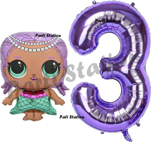 Mermaid Lol Bebek 3 Yaş Balon Ve Mor Rakam Balon Doğum Günü Parti Set