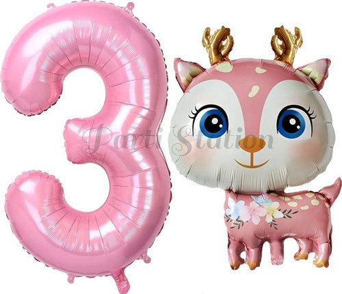 Sevimli Geyik 3 Yaş Balon Set Ceylan Balon Woodland Konsept Geyik Balon Ve Pembe Renk Rakam Balon