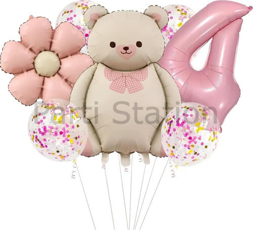 Sevimli Ayıcık 4 Yaş Balon Set Retro Pembe Ayıcık Konsept Doğum Günü Set