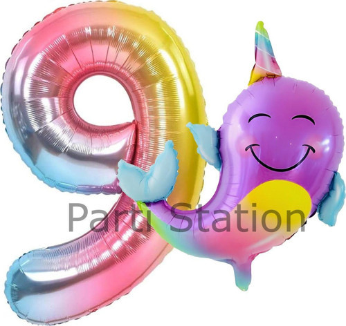 Unicorn Balina Balon 9 Yaş Set Okyanus Konsept Unicorn Yunus Balığı Ve Renkli Rakam Balon Set