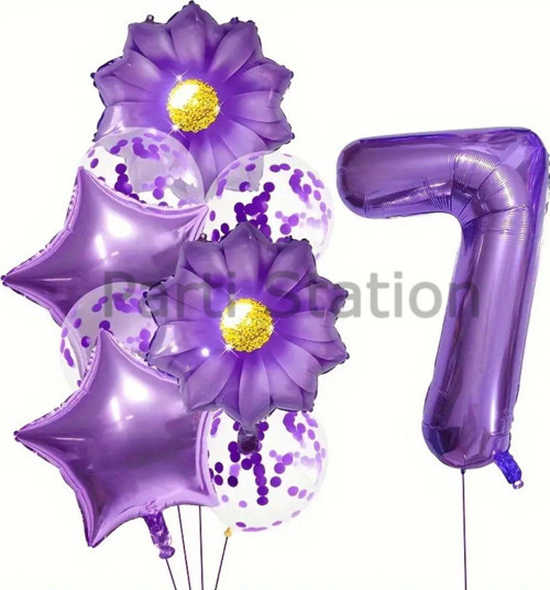 Mor Papatya 7 Yaş Balon Set Mor Papatya Konsept Doğum Günü Balon Set