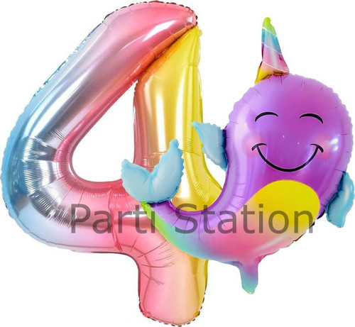 Unicorn Balina Balon 4 Yaş Set Okyanus Konsept Unicorn Yunus Balığı Ve Renkli Rakam Balon Set