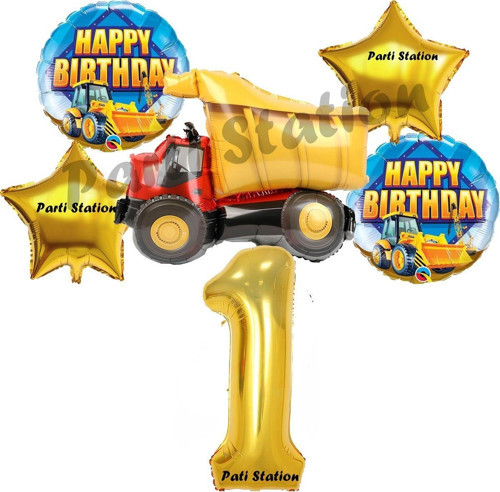İnşaat Konsept 1 Yaş Doğum Günü Balon Set Kamyon Balon Ve Gold Rakam Balon Doğum Günü Parti Set