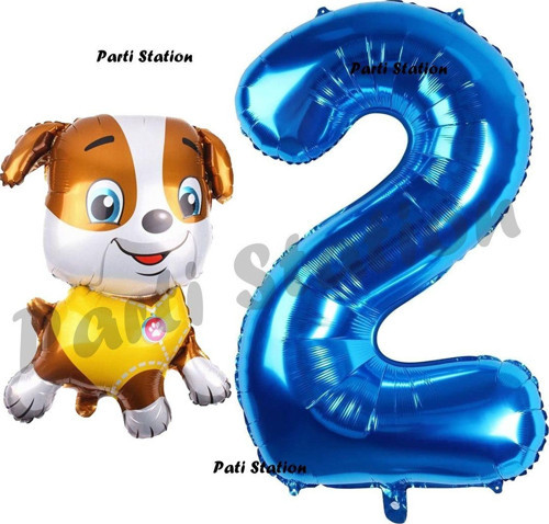 Paw Patrol İnşaat Köpek Rubble 2 Yaş Balon Ve Lacivert Rakam Balon Doğum Günü Parti Set