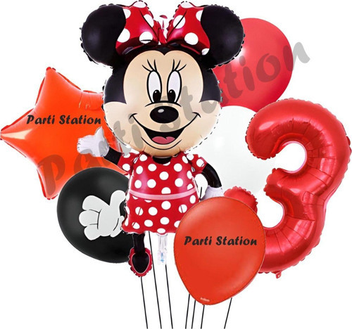 Minnie Mouse 3 Yaş Doğum Günü Set Minnie Mouse Konsept Balon Ve Kırmızı Rakam Balon