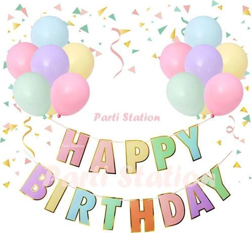 Macaron Happy Birthday Banner Ve Balon Seti Doğum Günü Gökkuşağı Happy Birthday Banner Flama