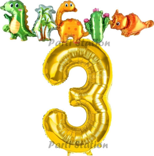 Altın Renk Rakam Balonlu Dinozor 3 Yaş Doğum Günü Parti Yapışık Balon Set Dinozor Tema Parti Set