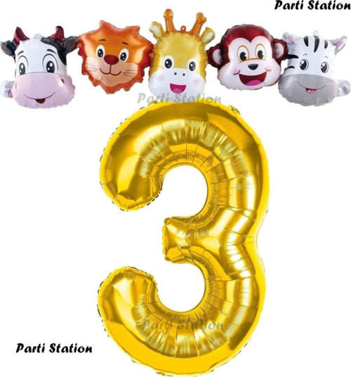 Altın Renk Rakam Balonlu Safari 3 Yaş Doğum Günü Parti Balon Set Safari Hayvanlar Tema Parti