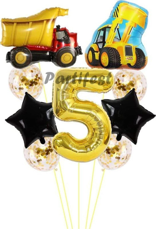 Kamyon Dozer Kepçe Inşaat 5 Yaş Balon Set Yıldız Balon Set Kamyon Inşaat Konsept Doğum Günü Set