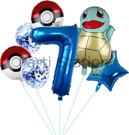 Pokemon Squirtle Konsept 7 Yaş Balon Set Pokemon Squirtle Yıldız Balon Doğum Günü Folyo Balon Set