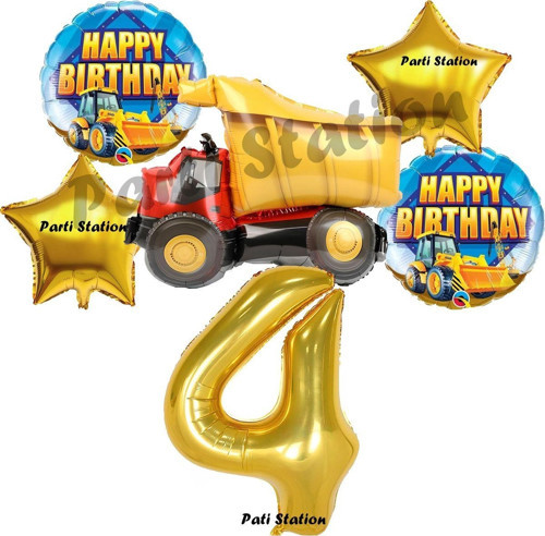 İnşaat Konsept 4 Yaş Doğum Günü Balon Set Kamyon Balon Ve Gold Rakam Balon Doğum Günü Parti Set