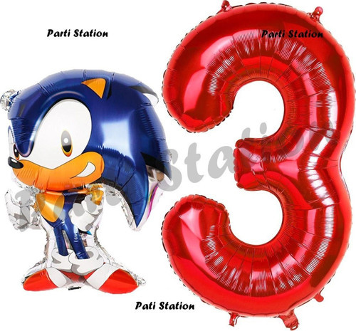 Tilki Sonic Balon 3 Yaş Doğum Günü Set Tilki Sonic Boom Konsept Balon Ve Kırmızı Rakam Balon
