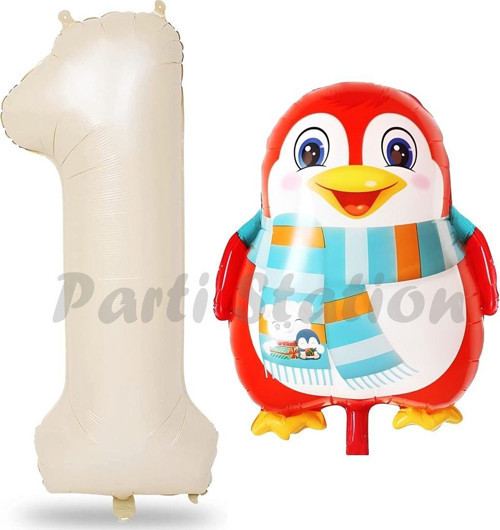 Sevimli Penguen Balon 1 Yaş Doğum Günü Balon Set Penguen Konsept Ve Krem Renk Rakam Balon