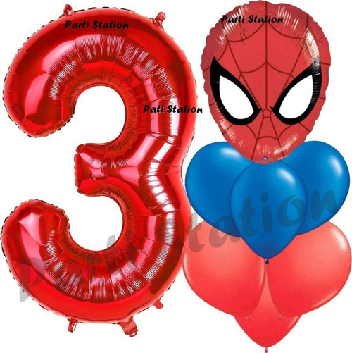 Örümcek Adam 3 Yaş Balon Ve Kırmızı Rakam Balon Doğum Günü Parti Set Spiderman Lacivert Balon Set