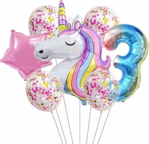 Unicorn Gökkuşağı 3 Yaş Balon Folyo Set Konsept Doğum Günü Set Yaş Balon Set