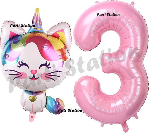Unicorn Kedi Balon 1 Yaş Doğum Günü Balon Set Unicorn Kedi Konsept Balon Ve Pembe Rakam Balon