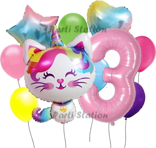 Unicorn Kedi Kitty Konsept 3 Yaş Doğum Günü Parti Balon Set Sevimli Unicorn Kedi Tema Parti Set