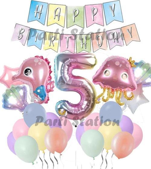 Okyanus Hayvanları Deniz Canlıları 5 Yaş Balon Set Deniz Anası Deniz Atı Happy Birthday Balon Set