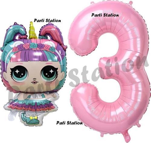 Unicorn Lol Bebek 3 Yaş Balon Ve Pembe Rakam Balon Doğum Günü Parti Set
