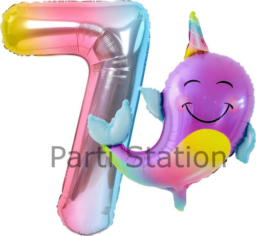 Unicorn Balina Balon 7 Yaş Set Okyanus Konsept Unicorn Yunus Balığı Ve Renkli Rakam Balon Set