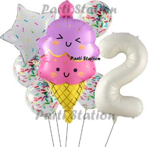 Dondurma İce Cream Konsept Doğum Günü 2 Yaş Balon Set Yaz Tema Sevimli Dondurma Folyo Balon Set